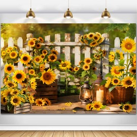 HANSHUAI Rustic Sunflowers Backdrop Rustic Wooden Fence Sunflower Floral Photography Background for for Girls Woman Garden Party Banner Decoraitons Portrait Photo Booth Studio Props 7x5ft FU013DX