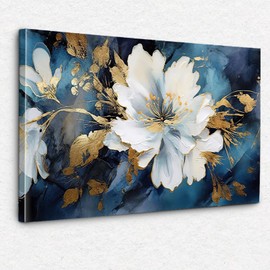 Asunygirl Flowers Wall Art Vintage Blue White Floral Canvas Pictures Abstract Botanical Modern Gold Blue Print Boho Wall Art Canvas Paintings Artwork for Bedroom Living Room Wall Decor 12x16 inch