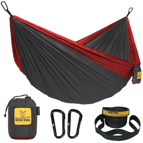 Wise Owl Outfitters Hammock for Camping Single & Double Hammocks Gear for The Outdoors Backpacking Survival or Travel - Portable Lightweight Parachute Nylon DO Charcoal & Red