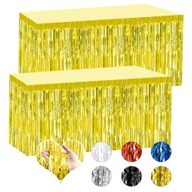 Bouiexye 2 Pack 29.5x108 Inch Gold Foil Tinsel Fringe Table Skirts, Disposable Table Skirts for Rectangle Tables Curtains Backdrop Parade Wedding Floats Baby Shower Birthday Mardi Gras Party