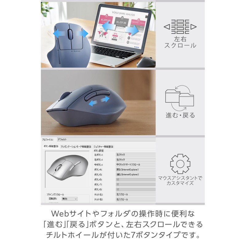 Elecom M-SH31MBSKNV Wireless Mouse, Silent, 5 Buttons + Tilt, Bluetooth,