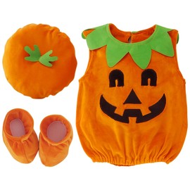AOKUN Kit 3 Piezas Disfraz Halloween para Niño,Disfraces de Terciopelo Calabaza de Halloween para Niños y Niñas,traje de Halloween Niño Incluye Camiseta Sin Mangas, Gorro, Zapatos