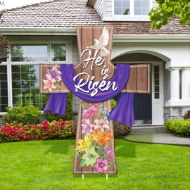 Menkxi Easter He Is Risen Yard Sign with Stakes 4 ft Outdoor Lawn Decorations Cross Sign Waterproof Religious Stake for Home Outdoor Garden Yard Easter Party Decorations