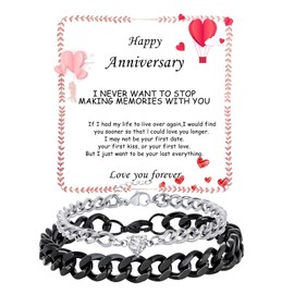 Matching Couple Cuban Chain Bracelets Gifts for Boyfriend Husband Soulmate Girlfriend Valentine's Day Anniversary Birthday Christmas Jewelry Gifts,Adjustable Size (Happy Anniversary, Black+Silver)