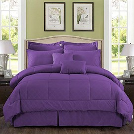 MERRY HOME Comforter Set, 10 Piece Comforter Bedding Set with Sheet Set Fit 14" Deep Pocket - Plush Luxury Solid Color Quilted Pattern for All Season, (Purple, Queen)
