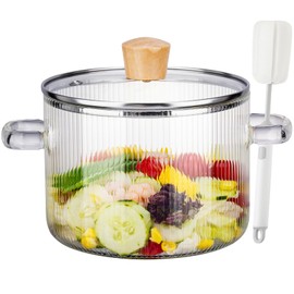 NiHome 61OZ/1.8L Small Clear Borosilicate Glass Cooking Pot with Lid, Glass Simmer Pot for Stove-Top with Wooden Lid Handle & Brush, Glass Saucepan for Slow Simmer, Microwave, Dishwasher-Safe