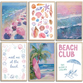6 piezas de arte de pared de playa costera rosa para playa, paraguas de playa, fotos de tablas de surf, pósteres de surf, impresión de conchas costeras, pintura de playa, nieta, lona estético