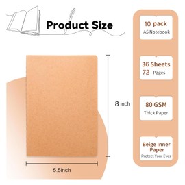 GJNMYSD 10 Pack A5 Blank Notebooks Kraft Brown Cover Journal Notebook for Students, Travelers, Office - Memo Diary Subject Notebooks - 8”x5.5”, 72 Lined Pages/36 Sheets