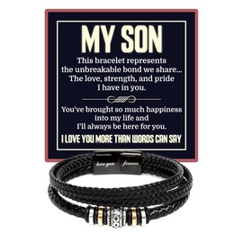Jewelayer To My Son Braided Leather Bracelet for Men From Mom, Gifts From Parents, Meaningful Birthday Gift with Heartfelt Message, Men’s Bracelet For Son (Two Tone Box)