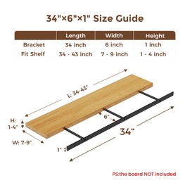 2pcs Floating Shelf Bracket Heavy Duty Floating Mantel Bracket Black Metal Decorative Floating Shelf Hardware Hidden Shelving Mounting Brackets (34″X6″X1″)