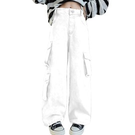 Girls Multi-Pocket Cargo Jeans Baggy Waist Wide-Leg Pants Kids Jeans, E1-White, 11-12 Years = Tag 160