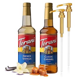 Premium Coffee Syrup Variety Pack Syrup for Coffee with 2 AlphaPantry Syrup Pump Dispenser Compatible with Torani Syrup 25.4 Ounces for Flavored Coffee (French Vanilla & Classic Caramel)