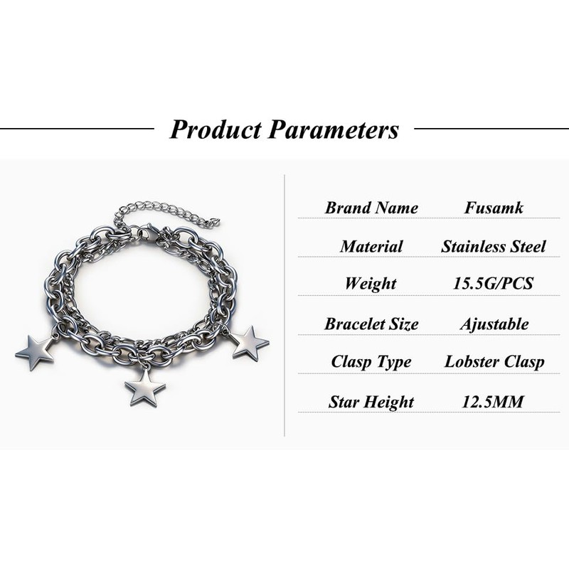 Fusamk Women’s Star Bracelet Stainless Steel Link Chain, Double Layer