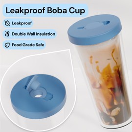 Dodoko Reusable Boba Cup and Straw Boba Tea Cup Bubble Tea Cup Reusable Iced Coffee Cup Cold Coffee Cup Smoothie Cup with Lid and Straw Smoothie Cup to go Smoothie Tumbler 17 oz - Breeze Blue