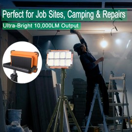 Asaeh 120W Solar LED Work Light – 144 LEDs, 10000LM Rechargeable Floodlight with Stand, IP66 Waterproof, 4 Modes – for Work, Camping, Car Repair