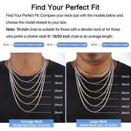 Jewlpire Silver Chain for Men, 4mm Rope Chain Necklace Silver Chain Necklace for Men Sturdy Men's Chain Necklaces, 16 Inch