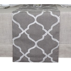 COTTON CRAFT Jute Table Runner - Moroccan Trellis - Harvest Autumn Fall Thanksgiving Holiday Christmas Festive Party Rustic Farmhouse Dining Kitchen Tabletop Burlap Tablerunner - 13 x 90 - Grey White