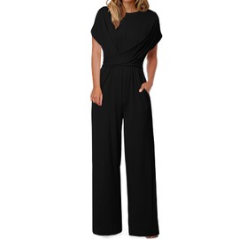 Happy Sailed Womens Jumpsuits Dressy Casual Short Sleeve Front Criss Cross Top Tie Waist Belt Wide Leg Pant Jumpers Romper One Piece Jumpsuit Outfits with Pockets Black X-Large