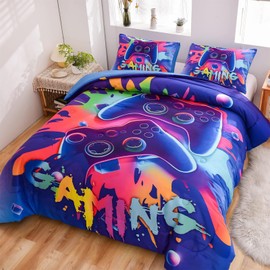 Tabeskly Boy Kids Blue Gaming Gamepad Gamer Soft Zipper Bed Bedding Duvet Cover Set Double Colorful Purple 200×200cm