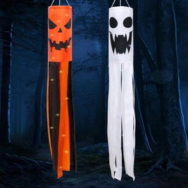 2Pcs Halloween Ghost Windsock with Lights Outdoor Decor
