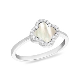 Tuscany Silver Damen-Ring aus Sterlingsilber, rhodiniert, 11 mm Kleeblatt mit Perlmutt und 1,1 mm weißen Zirkonia, Größe Q