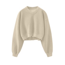 Meladyan Women's Casual Cropped Sweatshirt Basic Solid Long Sleeve Fleece V Neck Loose Drop Shoulder Pullover Crop Top Vintage, Apricot -V01, X-Large