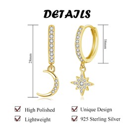 Zolkamery Hoop Earrings Silver Hanging for Women, 925 Sterling Silver Hoop Earrings Set with Zirconia, Hypoallergenic Drop Earrings with Moon Star Heart Pendant, Hoop Earrings with Gift Box, Sterling