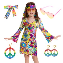 MRYUWB 70s Hippie Dress for Girls, 1970s Outfits Peace Sign Necklace Headband, 60s Themed Party Costumes for Kids 5-14 Years (Peace Love Colourful, 9-10 Years)