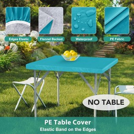 2 Packs Vinyl Card Tablecloth with Flannel Backing 34x34 inch - Waterproof Plastic Table Cover for Square Folding Table Cloth with Elastic Edges, Teal