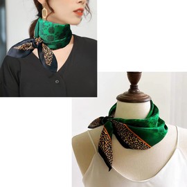 Aufeel 100% Pure Mulberry Silk Square Scarf for Hair-27''x27''- Women Silk Neckerchief Head Wrap Scarf (Green Leopard)