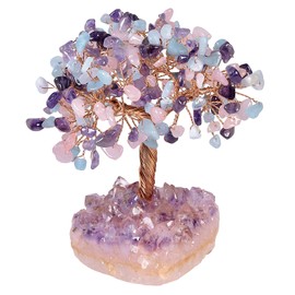 mookaitedecor Natural Rose Quartz & Aquamarine & Amethyst Crystal Tree with Amethyst Cluster Crystal Base Money Tree Figures Feng Shui Desk Decoration, Meditation Table Room Decor