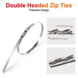 Metal Zip Ties 100PCS 11.8 Inch 304 Stainless Steel Double Headed Metal Cable Ties 300LBS Heavy Duty Multi-Purpose Self-Locking Wire Ties for Chain Link Fence, Machinery, Vehicles, Cables, Farms,Pipes