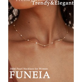 FUNEIA Pearl Necklace, Women's Gold Silver Necklace with Freshwater Pearls, Girl’s/Teenager’s White Pearl Choker Necklace, for Girlfriend, Wedding, Prom, Bridal Pearls, Fashion Jewellery, Gifts, Brass