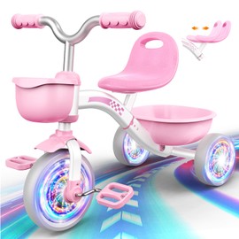 Toddler Tricycle for 1-3 3-4 Year Olds, Toddler Toys Baby Bike, Toys for Ages 2-4, 3-Level Adjustable Seat, 3 Colorful Lighting Wheels, 2 3 4 Year Old Girl Birthday Gifts Pink