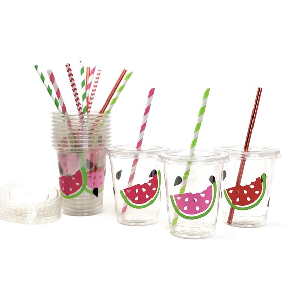 Watermelon Birthday Party Cups 12 oz Disposable Plastic Lids Straws (12 Count)