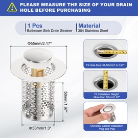sourcing map Bathroom Sink Drain Strainer, Sink Stopper Hair Catcher with Removable 304 Stainless Steel Filter Basket 2" x 2.2" Fit 1.5"-1.9" Hole for Bathroom Sink Stopper Replacement