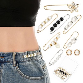 Amaxiu 9 Pieces Cute Pearl Brooch Pins for Women Rhinestone Safety Pins Brooches Jean Pants Waist Tightener Sweater Scarf Clip No Sewing Jean Waist Buttons Cut Out Pins, Acrylic