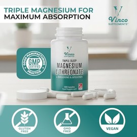 Vinco Triple Magnesium L-Threonate with L-Theanine & Apigenin – 120 Capsules - 3-in-1 Apigenin Threonate Supplements for Sleep & Relaxation - Triple Magnesium Complex Made in The UK