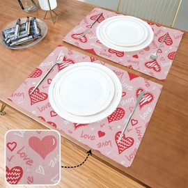 Happy Valentine's Day Pink Placemats Set of 6 Valentines Day Red Love Heart Table mats Burlap Placemat Kitchen Mat Dining Room Holiday Decoration 12" x 18" Washable Fast Dry