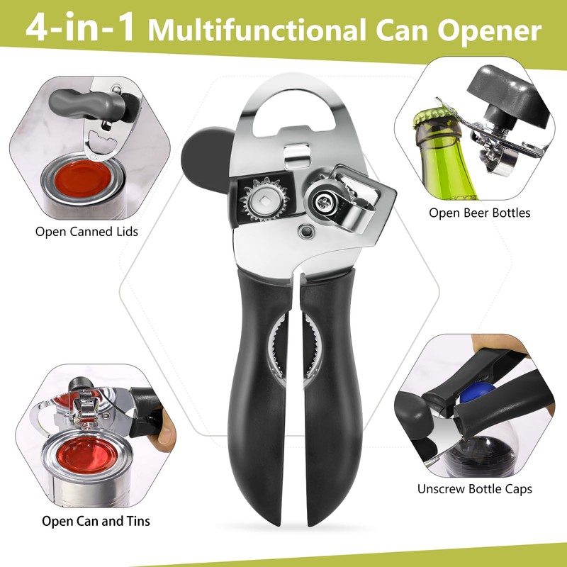 Tin Opener, Lychico 4-in-1 Can Opener Handheld Heavy Duty Stainless