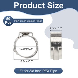 PATIKIL 3/8 Inch PEX Crimp Rings, 50 Pack Single Ear Hose Clamps Stainless Steel Cinch Crimp Ring Pinch Clamps for Pex Tubing Pipe Fitting Connections, Silver