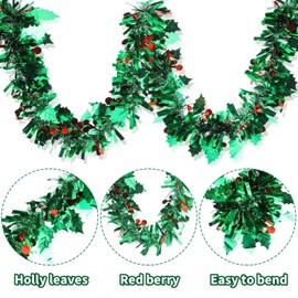 KAHEIGN 10M Christmas Red Berry Tinsel Garland, 9CM Width Metallic Tinsel Chunky Glittering Tinsel Thick Shiny Garland with Red Berry and Holly Leaves for Christmas Holiday New Year Party Decoration
