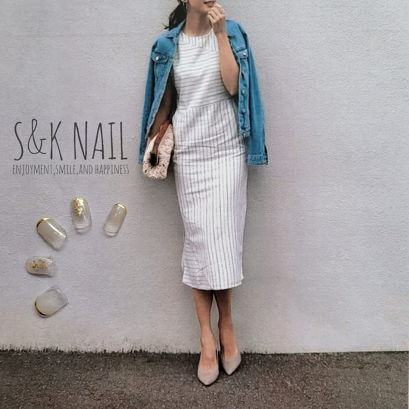 S&K NAIL Gel Nail Stickers, Gold French & Bijou, Short,