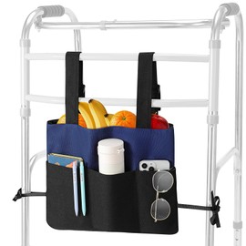Rhino Valley Walker Bag, Walker Basket for Folding Walker with Cup Holder, 7 Pockets with Adjustable Strap Rope, Foldable Walker Accessories for Seniors, Blue & Black