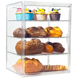 FQDGTFA Pastry Display Case 4 Layers Large Adjustable Bread Box for Kitchen Countertop, Large Clear Bread Storage Container with Magnetic Door Pastry Bakery Display Case 15.6x11.5x9.9inch