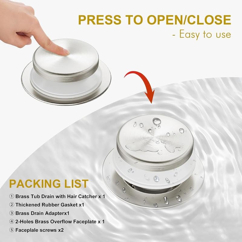 Brushed Nickel Bathtub Drain Stopper and Overflow Kit, Solid Brass