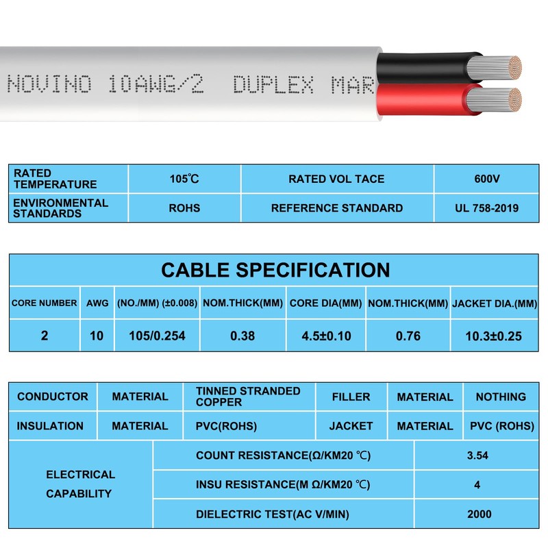 10 Gauge Marine Wire,10 AWG 10ft Duplex Marine Grade Wire