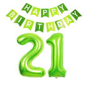 40inch Giant Green Number 21 Balloons & Happy Birthday Banner, 21st Birthday Decorations Bunting Banner Number 21 Foil Balloons for Girls Her Birthday Party, Foil Number Balloons 21 Green Large