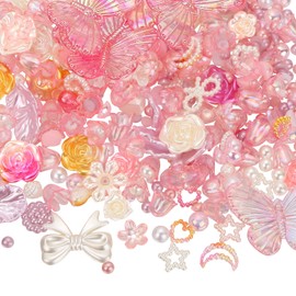 350 PCS 3D Resin ABS Rose Flower Bows Butterfly Flatback Charms, UHOMENY Mix Shape Acrylic Pink Embellishments Beads with Half Round AB Pearls for Bracelets Necklace Jewelry Making DIY Crafts