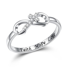 Inspirational Jewelry 925 Sterling Silver Engraved Faith Hope Love CZ Cross Infinity Ring for Women Girl Easter Gift, sterling silver, Cubic Zirconia